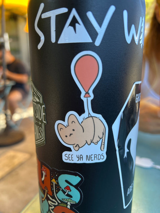 See ya nerds cat on a balloon sticker